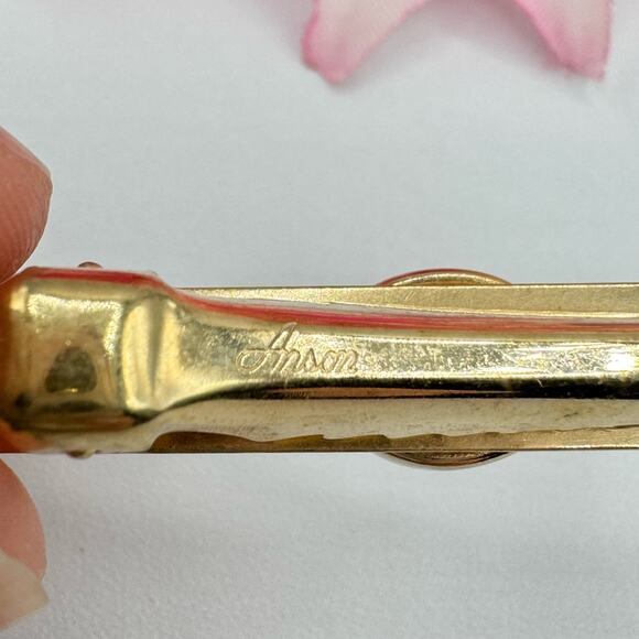 Vintage Anson Brown Cabochon Beaded Textured Gold Tone Tie Clip Bar Signed - Picture 4 of 6